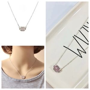 Womens Necklace Pink Drusy Silver Chain pendant